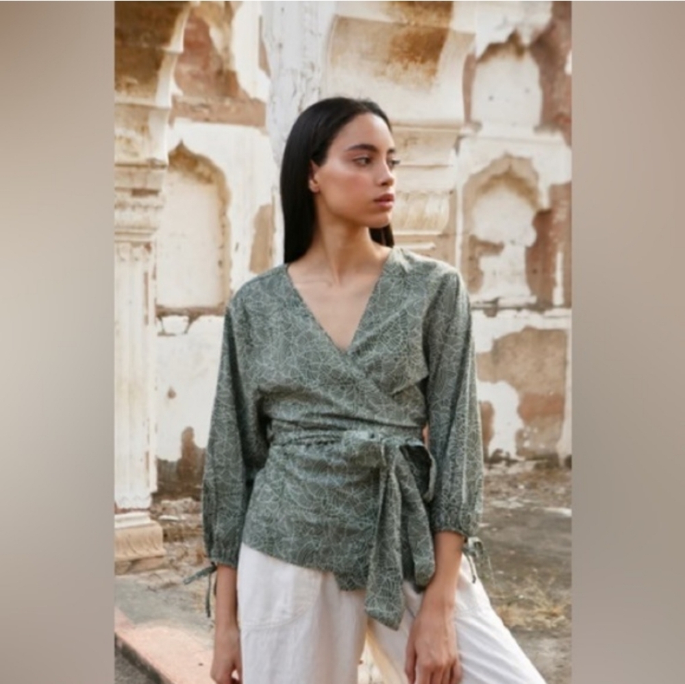 Mirth Krabi Wrap Top Moss Green Geometric Print Cotton Boho Kimono Large